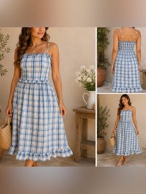 Max Studio Blue & White Plaid Ruffle Midi Dress